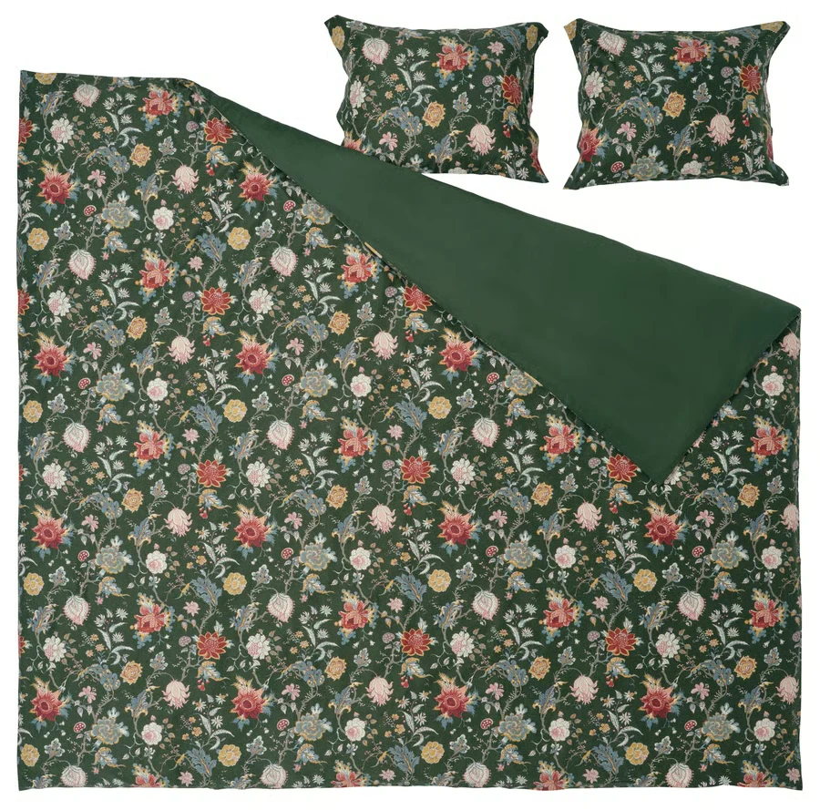 NÄSSELKLOCKA Duvet cover and 2 pillowcases, dark grey-green/multicolour, 200x200/50x60 cm